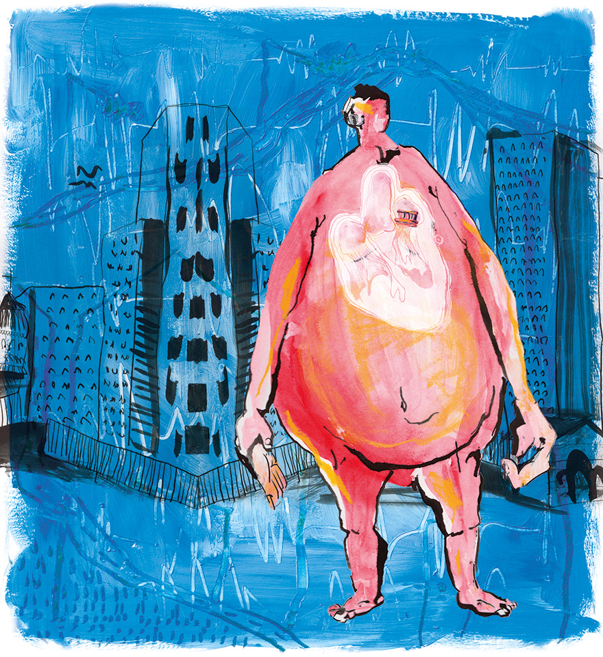Ілюстрація – Людина з мітральним клапаном в сердці на фоні міста