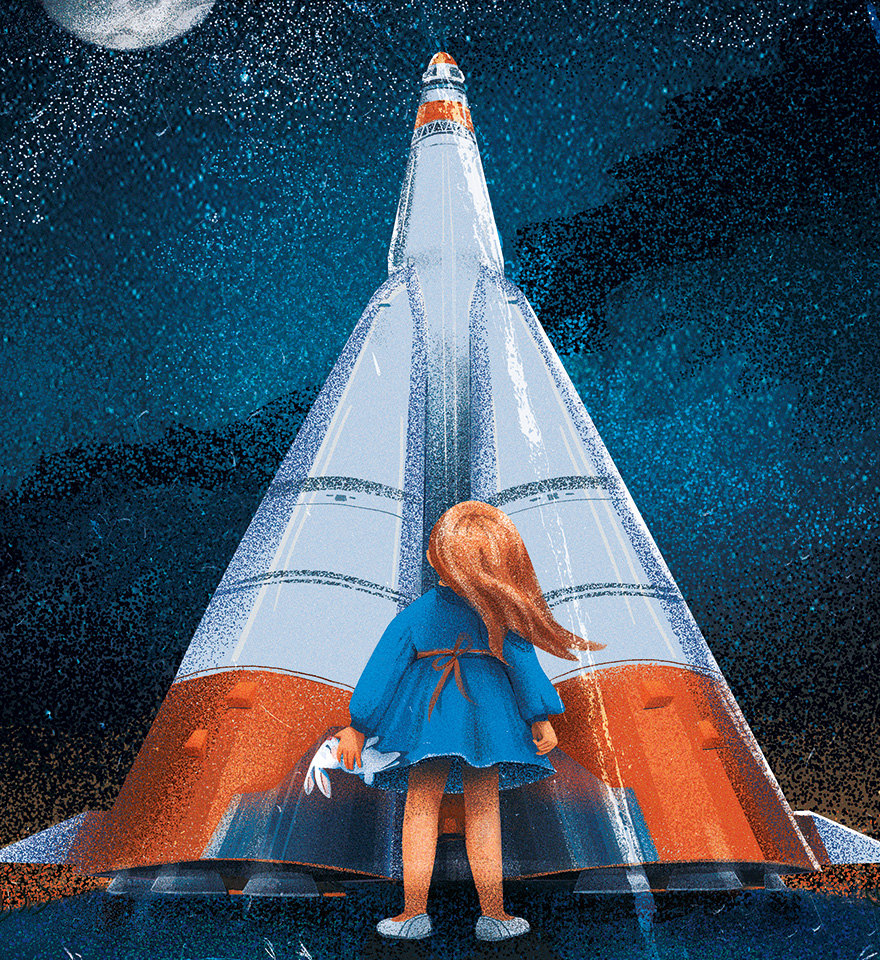 Ілюстрація – Дівчинка з медведиком дивиться на космічну ракету