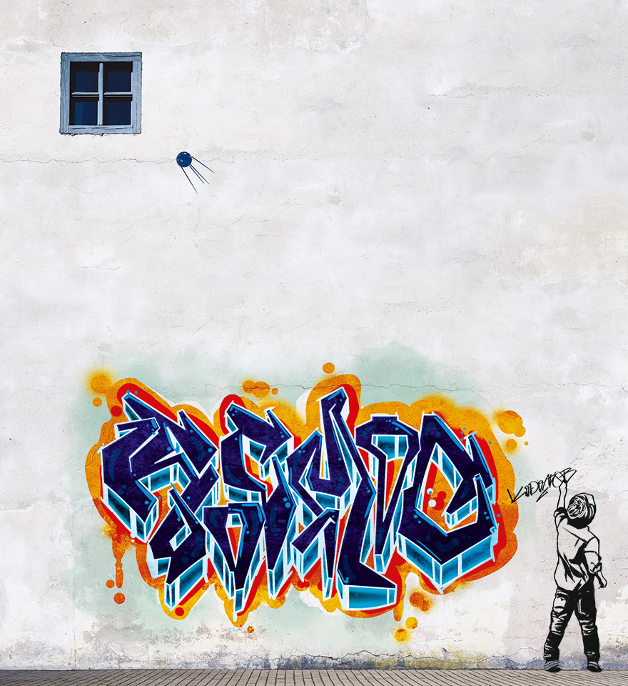 Ілюстрація – Графіті: хлопчик малює на стіні слово «Космос», тег «Корольов» і супутник, який летить у вікно