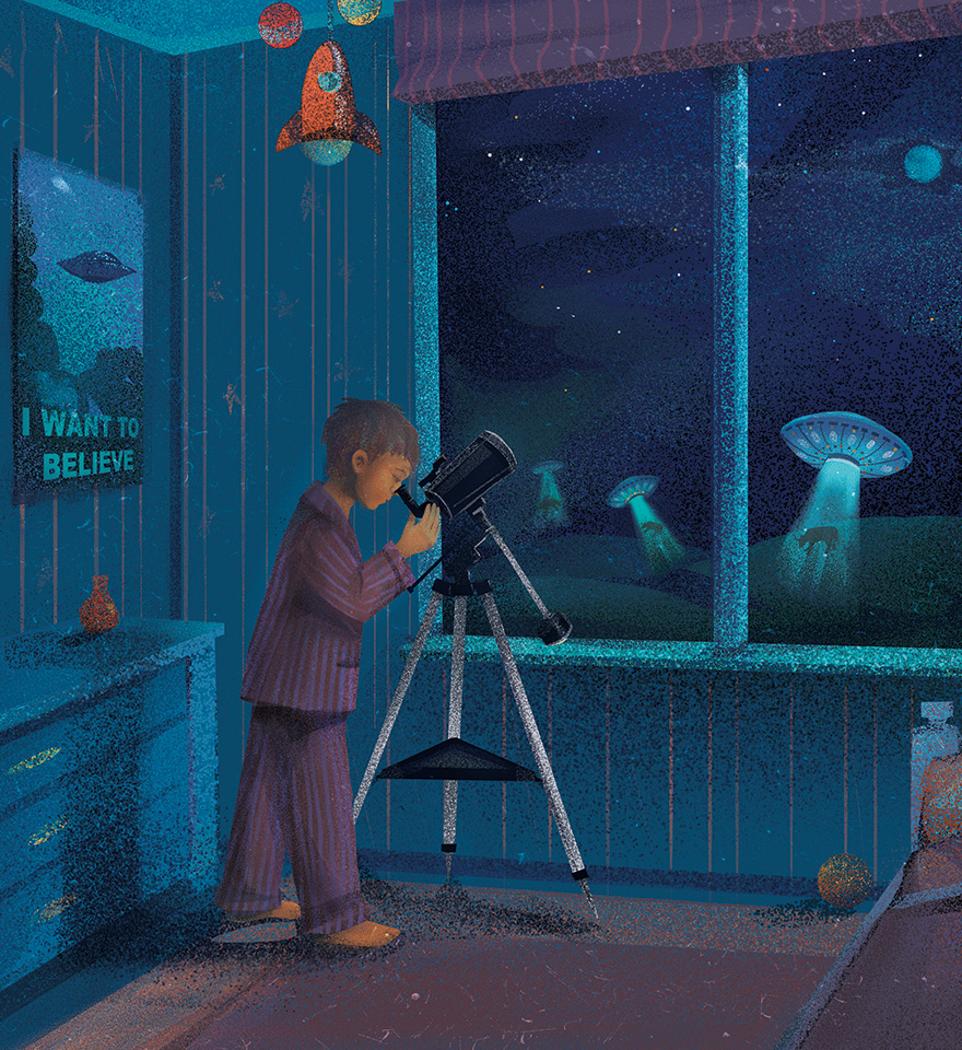 Ілюстрація – Хлопчик дивиться в телескоп на зоряне небо, в той час коли НЛО краде корів на землі