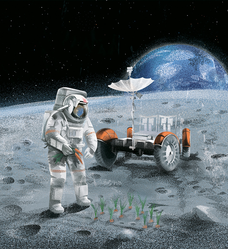 Ілюстрація – Космонавт на місяці саджає моркву поряд з ровером