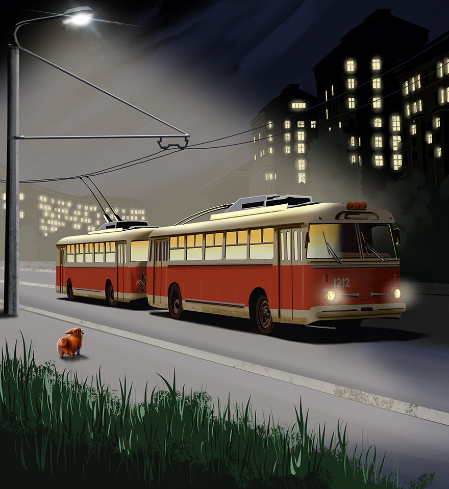 Ілюстрація – Тролейбусний потяг їде по вулицям вечірнього Києва